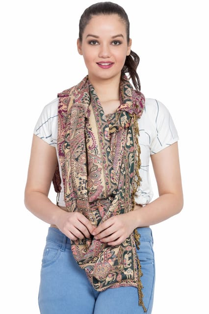 Woolen Stole 'Nature's Wonders': Jamavar Style Faux Pashmina Shawl (20010)