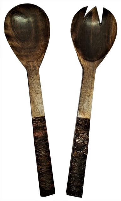Wooden Serving Spoon & Fork Set 'Evergreen': Handmade Vintage Tableware or Kitchen Decorative Accent (11629)