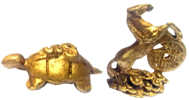 Rare Miniature Brass Statue Set Lucky Turtle-Horse: Unique Collectible Gold Finish Fengshui Charm (11908)
