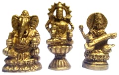 Rare Miniature Brass Idols Lakshmi-Ganesha-Saraswati: Unique Collectible Gold Finish Statue Set (11903)