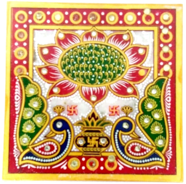 Marble Platform (Plinth): Square Ethnic Handpainted Chowki for God Idols (11891)