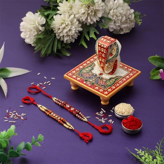 Rakhi Gift Set of 2 Designer Rakhis for Brother with Marble Chowki Ganesha and Pack of Roli Chawal (Rakhi1a)