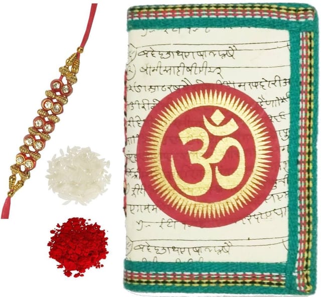 Rakhi Gift Set of 1 Designer Rakhi with 1 Handmade Diary with Om Painting and 1 Pack of Roli Tika (rakhi76)