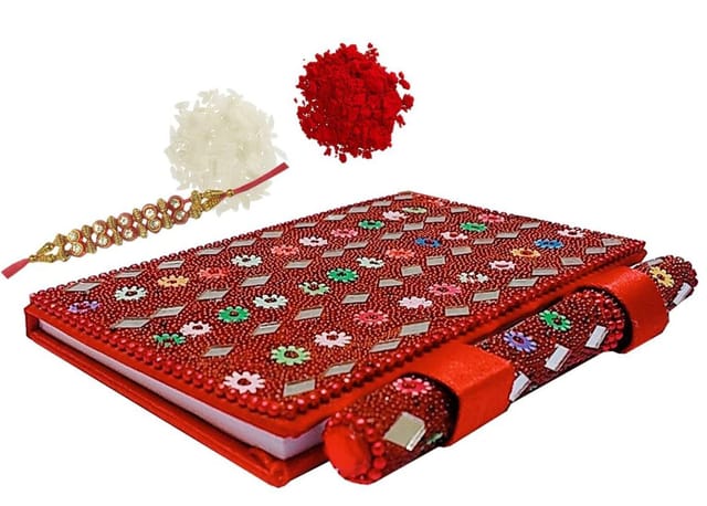 Rakhi Gift Set of 1 Designer Rakhi and Colorful Small Diary with Pen 1 pack of Roli Tika (rakhi75)