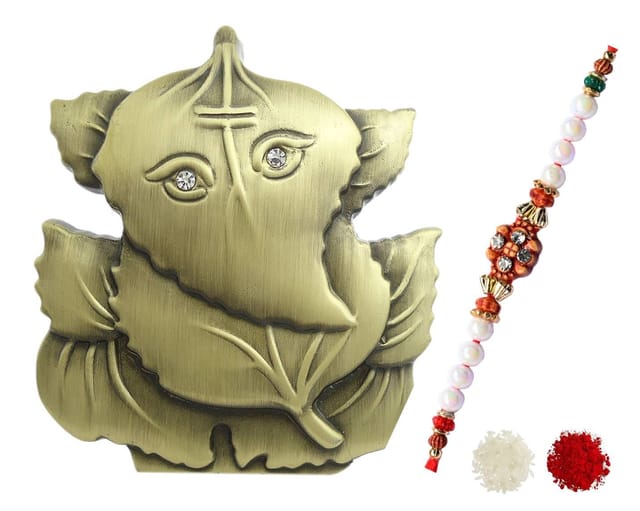 Rakhi Gift Set of 1 Designer Rakhi with 1 Small Om Ganesha Statue 1 pack of Roli Tika (rakhi74)