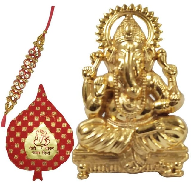 Rakhi Gift Set of 1 Designer Rakhi with Small Metal Statue of Ganesha 1 pack of Roli Tika (Rakhi73)