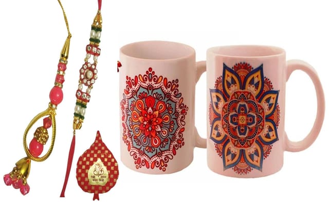 Rakhi Gift Set of 2 Designer Rakhis for Bhaiya & Bhabhi 2 Mugs for each with Ethnic Indian Designs and pack of Roli Chawal