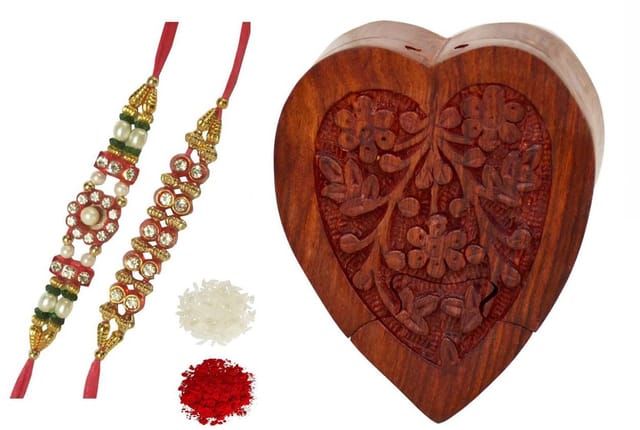 Rakhi Gift Set of 2 Designer Rakhis for Brother with Heart Shaped Puzzle Box and Roli Chawal in Red Packing (rakhi65)