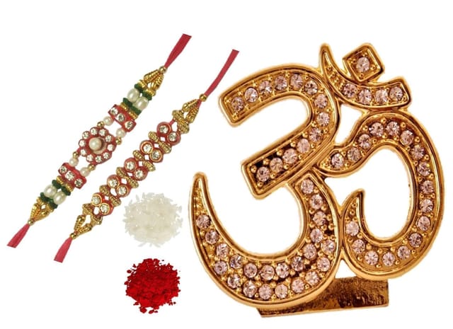 Rakhi Gift Set of 2 Designer Rakhis for Brother with Om Statue and Pack of Roli Chawal (Rakhi67)