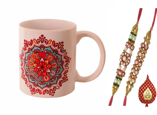 Rakhi Gift Set of 2 Designer Rakhis for Brother Mug with Ethnic Indian Design and Pack of Roli Chawal