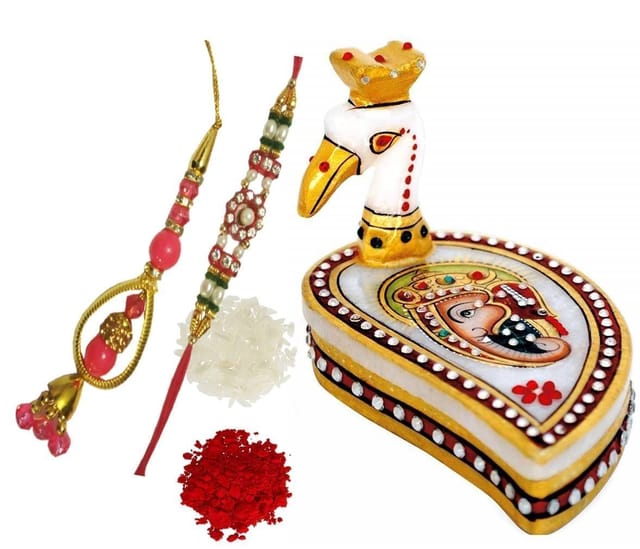 Rakhi Gift Set of 2 Designer Rakhis for Brother and Bhabhi with Marble Chopra Kumkum holder and roli tika (rakhi4d)
