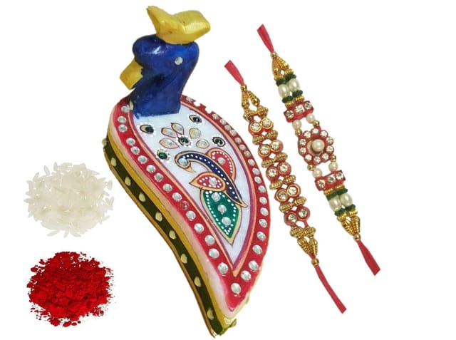 Rakhi Gift Set of 2 Designer Rakhis for Brother Marble Chopra Kumkum holder and Pack of Roli Chawal (rakhi4c)