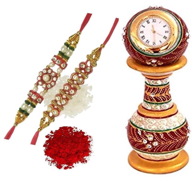 Rakhi Gift Set of 2 Designer Rakhis for Brother with Marble Clock and Pack of Roli Chawal (Rakhi3a)