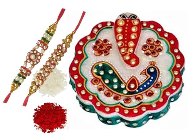 Rakhi Gift Set of 2 Designer Rakhis for Brother Marble Chopra Kumkum holder and Pack of Roli Chawal (rakhi4a)