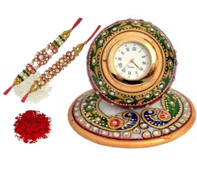 Rakhi Gift Set of 2 Designer Rakhis for Brother Marble Clock and Pack of Roli Chawal (rakhi2a)