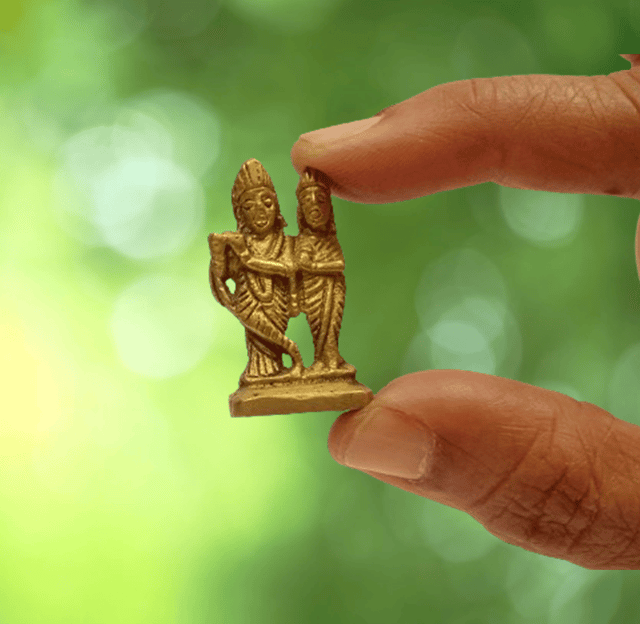 Rare Miniature Brass Radha Krishna: Unique Collectible Gold Finish Statue (12147)