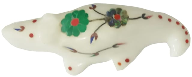 Marble Statue 'Cocky Crocodile': Gemstone Inlay Collectible Showpiece Gift (12139)
