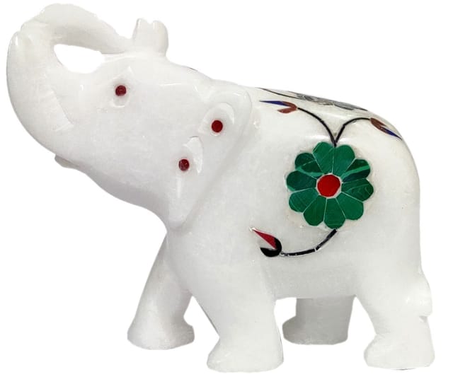 Marble Statue 'Elegant Elephant': Gemstone Inlay Collectible Showpiece Gift (12106)
