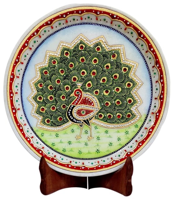 Marble Painting Pretty Peacock: Hand Painted Tile with Gold Work & Beads, 9x9 Inches (12095A)