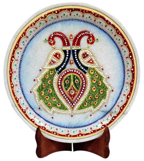 Marble Painting Peacock Couple: Hand Painted Tile with Gold Work & Beads, 9x9 Inches (12095)