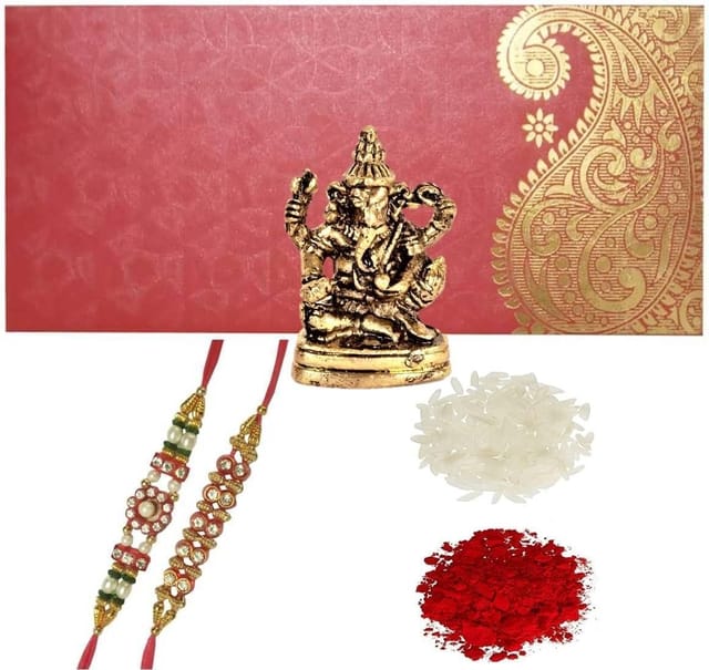Rakhi Set for Brother: 2 Rakshabandhan Bracelets, Miniature Ganesha Statue, Roli Chawal Tika (rakhi79a)