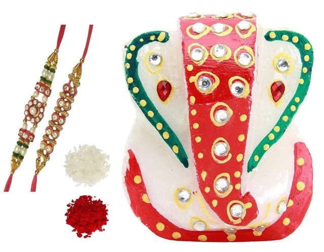 Rakshabandhan Set: Small Ganesha Marble Statue, 2 Designer Rakhi, Roli Chawal Tika in Red Paan Packing (rakhi78a)