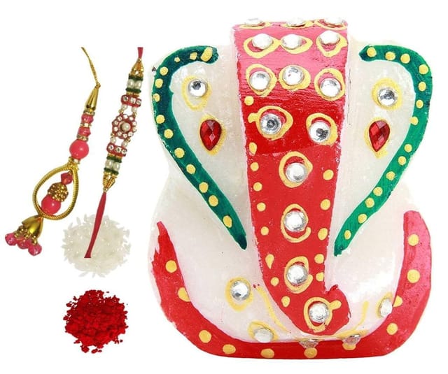 Rakshabandhan Set: Small Ganesha Marble Statue, Designer Rakhis For Bhai & Bhabhi, Roli Chawal Tika (rakhi78c)