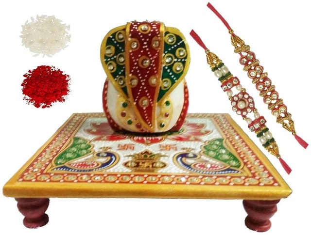 Rakhi Rakshabandhan Set For Brother: Large Marble Chowki Ganesha, Set of 2 Rakhi & Pack of Roli Chawal Tika (rakhi1d)