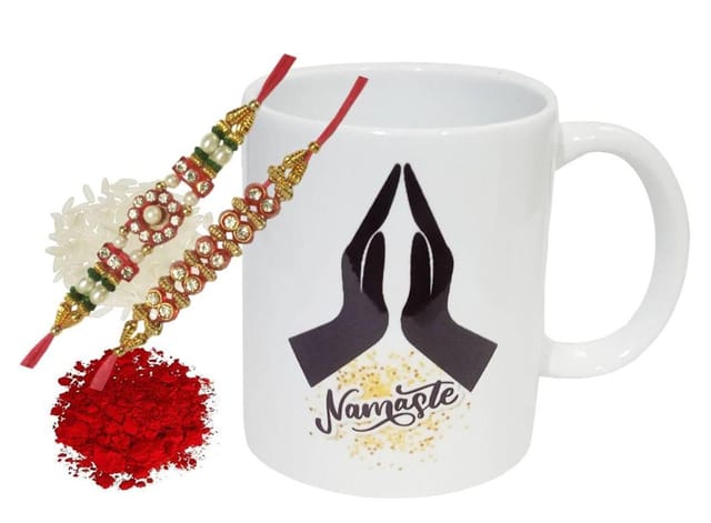 Rakhi Hamper: Namaste Greeting Ceramic Mug, 2 Designer Rakhi & Roli Chawal (rakhi89b)