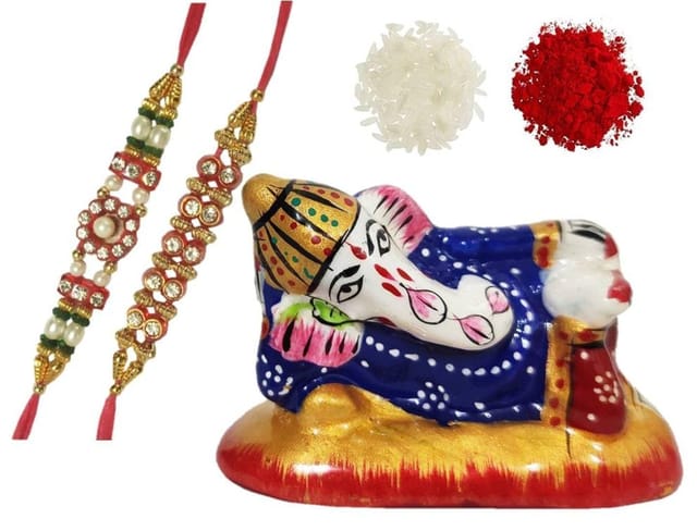 Rakshabandhan Set: Ganesha Metal Idol With Meenakari Painting, 2 Designer Rakhi, Roli Tika (rakhi82)