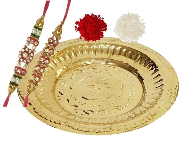Rakshabandhan Set: Om Puja Thali, 2 Designer Rakhi, Roli Tika (rakhi83)