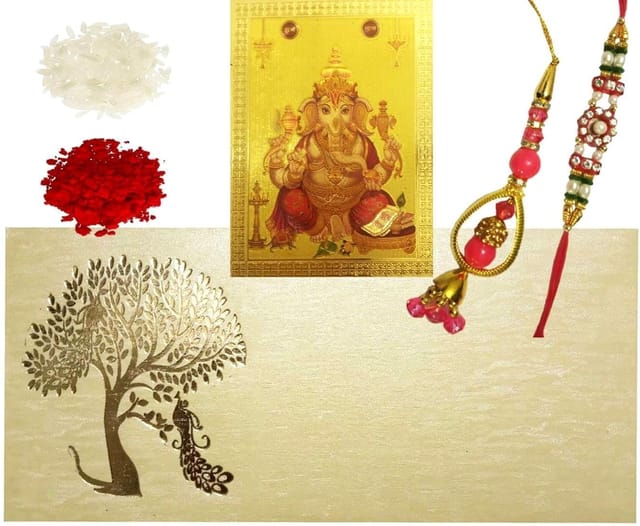 Rakhi Set: Bhai Rakhi Bracelet. Bhabhi Rakhi (Lumba or Latkan), Ganesha Magnet, Roli Chawal Tika (rakhi80c)