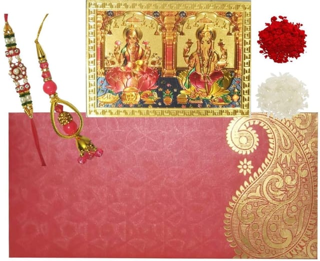 Rakhi Set: Bhai Rakhi Bracelet, Bhabhi Rakhi (Lumba or Latkan), Ganesha Lakshmi Magnet, Roli Tika (rakhi80d)