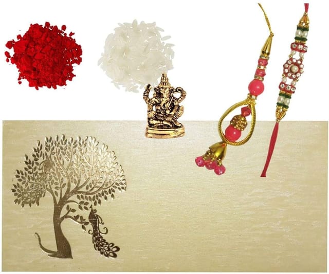 Rakhi Set: Bhai Rakhi Bracelet. Bhabhi Rakhi (Lumba or Latkan), Miniature Ganesha Statue, Roli Chawal Tika (rakhi79c)