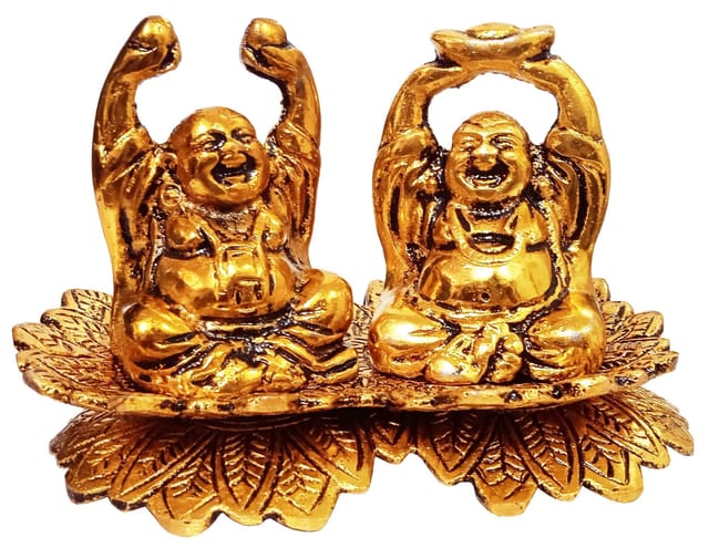 Metal Laughing Buddha Statue Set: Depiction Of Enlightenment & Prosperity (12358)