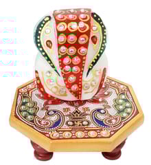 Marble Chowki Ganesha Idol: Unique Octagon Aasan Platform Statue (15742B)