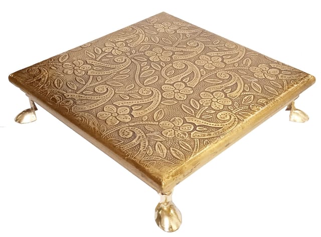 Wooden Platform Chowki With Embossed Brass Sheet: Plinth Aasan For Statue, Idol Or Vase, Small (12349C)