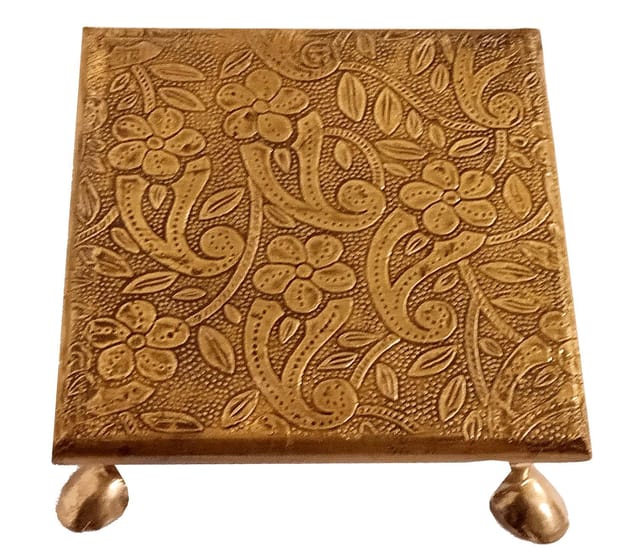 Wooden Platform Chowki With Embossed Brass Sheet: Plinth Aasan For Statue, Idol Or Vase, Medium (12349B)