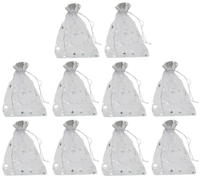 Polyester Net Brocade Gift Pouch, Silver, 7 Inches: Pack of 10 Potli Gift Bags (12080C)