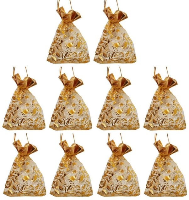 Polyester Net Brocade Gift Pouch, Gold, 4 Inches: Pack of 10 Potli Gift Bags (12438)