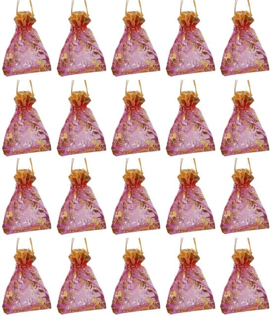 Polyester Net Brocade Gift Pouch, Fuschia Rani Pink, 4 Inches: Pack of 20 Potli Gift Bags (12437A)