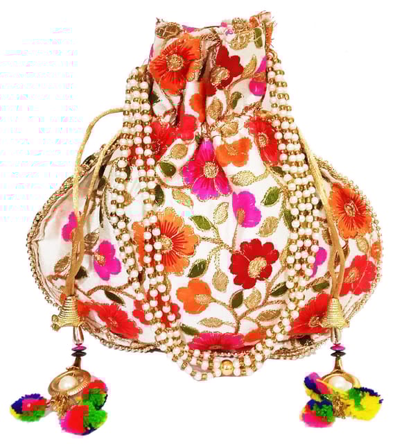 Potli Bag (Clutch, Drawstring Purse): Intricate Thread Embroidery Satchel, Multicolor (12436)
