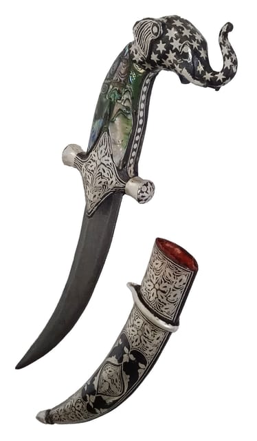 Vintage Dagger Knife: Antique Elephant Design with Mother of Pearl Overlay Hilt, Damascus Steel Blade, Silver Inlay Scabbard, 9 inches (A20040)