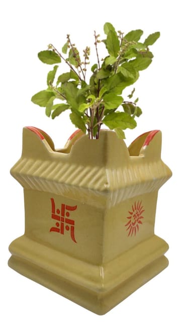 Ceramic Tulsi (Thulasi) Planter Flower Pot: Holy Hindu Plant Vase Indoor Outdoor (12551)