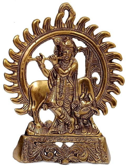 Metal Idol Surya Krishna: Wall Hanging Statue Of Divine Kamdhenu With Gopala, Gold (12511)