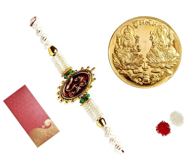 Rakhi Set for Brother: 1 Om Rakshabandhan Bracelet, Roli Chawal Tika, Lakshmi Ganesh Metal Coin (rakhi102b)