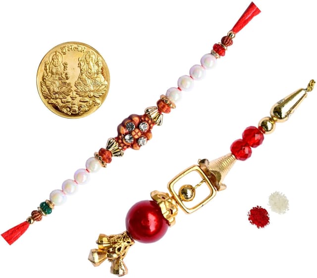 Rakhi Set: Bhai Rakhi Bracelet. Bhabhi Rakhi (Lumba or Latkan), Roli Chawal Tika, Lakshmi Ganesh Metal Coin in Shagun Envelop (rakhi102C)