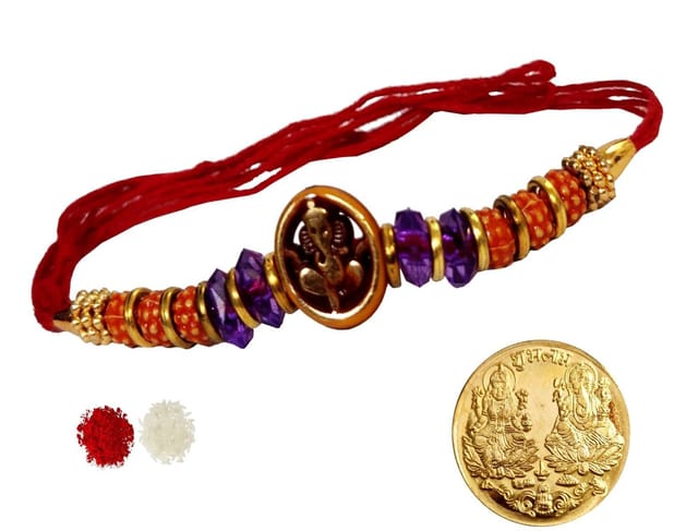 Rakhi Set for Brother: 1 Ganesha Rakshabandhan Bracelet, Roli Chawal Tika, Lakshmi Ganesh Metal Coin (rakhi102a)