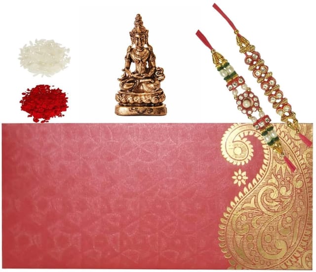 Rakhi Set for Brother: 2 Rakshabandhan Bracelets, Roli Chawal Tika, Miniature Buddha Statue (rakhi100a)
