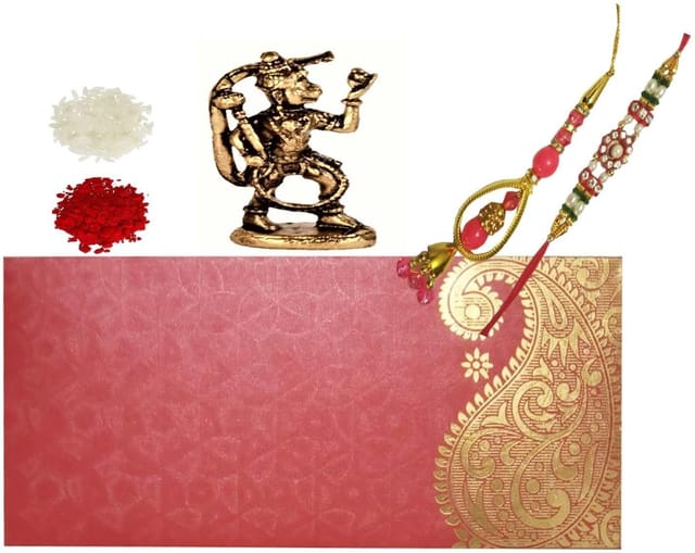 Rakhi Set: Bhai Rakhi Bracelet. Bhabhi Rakhi (Lumba or Latkan), Roli Chawal Tika, Miniature Statue Hanuman (rakhi98c)